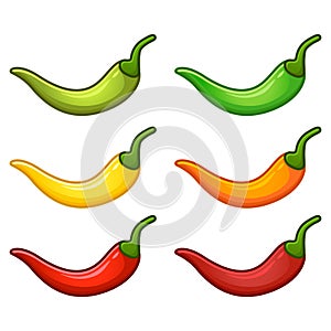 Set of jalapeno chili, isolated on white background. Vector cartoon flat design illustration collection template. Fresh green,