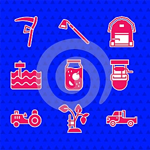 Set Jam jar, Strawberry bush, Pickup truck, Well with bucket, Tractor, Garden bed, Farm house and Scythe icon. Vector