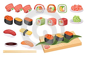 Set Japan Food, Japanese Cuisine Sushi and Rolls with Fish and Seaweeds. Seafood Gunkanmaki Ikura, Tobiko, Uni, Uramaki
