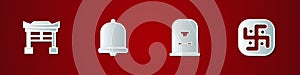 Set Japan Gate, Church bell, Tombstone with RIP written and Jainism icon. Vector