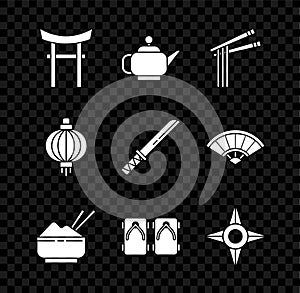 Set Japan Gate, Japanese tea ceremony, Asian noodles and chopsticks, Rice in bowl with, Geta traditional shoes, ninja
