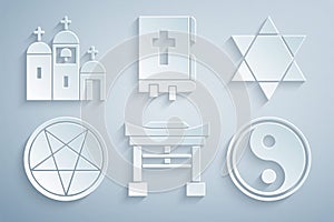 Set Japan Gate, Star of David, Pentagram in circle, Yin Yang, Holy bible book and Church building icon. Vector