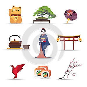 Set of Japan isolated travel colorful flat icons