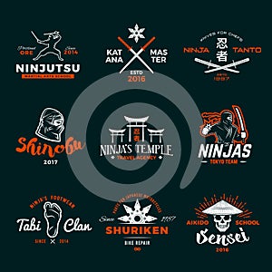 Set of Japan Ninja Logo. Ninjato sword insignia design. Vintage shuriken badge. Mixed martial art tournament t-shirt