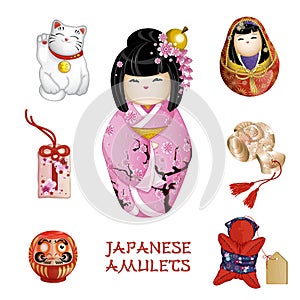 A set of Japanese amulets, tourist souvenirs. photo