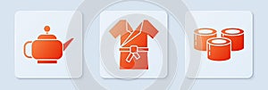 Set Japanese costume Kimono, Japanese tea ceremony and Sushi. White square button. Vector
