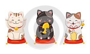 Set of Japanese lucky cat maneki neko. Traditional Japan culture black and white cat dolls vector illustration