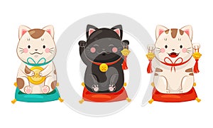 Set of Japanese lucky cat maneki neko. Traditional Japan culture sculpture vector illustration