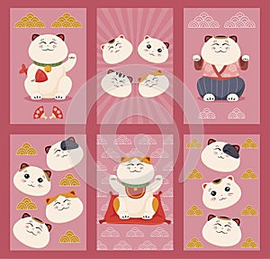 Set of Japanese lucky cat vertical poster vector flat cartoon illustration Asian feline luck mascot