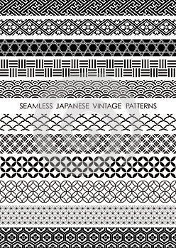 Set Of Japanese Monochrome Vintage Seamless Borders. Vector Illustration.