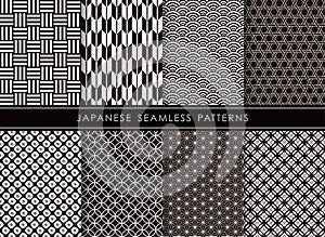 Set Of Japanese Monochrome Vintage Seamless Patterns. Vector Illustration.