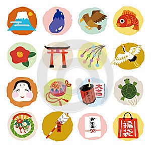 Set of Japanese new year elements fuji mountain, hawk, red snapper and others