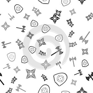 Set Japanese ninja shuriken, Target sport, Medieval axe and Japanese ninja shuriken on seamless pattern