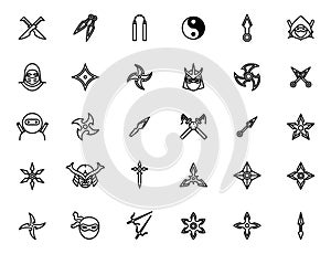 A set of Japanese ninja weapons, shurikens, daggers, knives, swords, nunchucks, faces of ninja warriors. Vector line icons