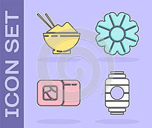 Set Japanese paper lantern, Rice in a bowl with chopstick, Sushi and Flower icon. Vector