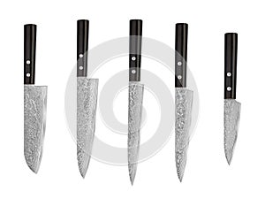 Set of Japanese steel kitchen knives damascus, isolated on white background with clipping path. Chef knife