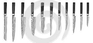 Set of Japanese steel kitchen knives damascus, isolated on white background with clipping path. Chef knife