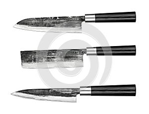 Set of Japanese steel kitchen knives damascus, isolated on white background with clipping path. Chef knife