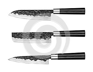 Set of Japanese steel kitchen knives damascus, isolated on white background with clipping path. Chef knife