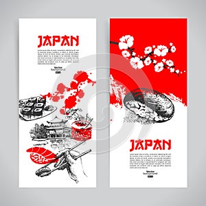 Set of Japanese sushi banners. Hand darwn sketch illustrations