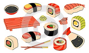 A set of Japanese sushi food, rolls.