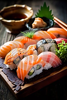 set japanese sushi roll food seafood meal japan rice fish. Generative AI.