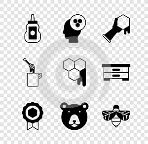 Set Jar of honey, Beekeeper, Honeycomb and hand, medal, Bear head, dipper stick with and icon. Vector