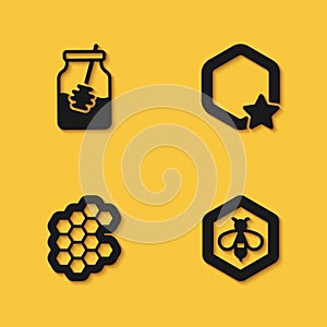 Set Jar of honey and dipper stick, Bee honeycomb, Honeycomb and icon with long shadow. Vector