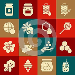 Set Jar of honey and honey dipper stick, Honeycomb, Bee flower, map the world, and icon. Vector