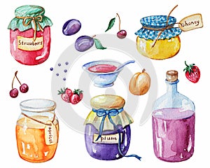 Watercolor set jars of jam