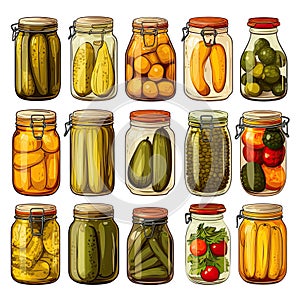 Set with jars of pickles and preserves on a white background. Generated by AI