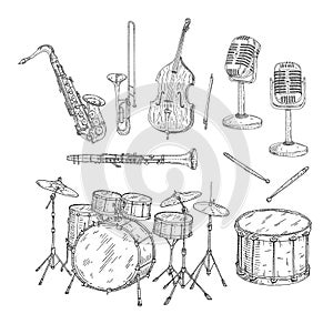 Set jazz musical instruments. Vintage black engraving illustration