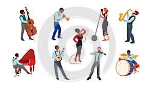Set of jazz musicians and singers on stage vector illustration