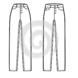 Set of Jeans botton fly tapered Denim pants technical fashion illustration with full length, normal low waist, high rise