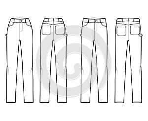 Set of Jeans carpenter Denim pants technical fashion illustration with normal low waist, high rise, 5 pockets. Flat