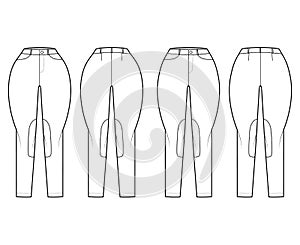 Set of Jeans Classic Jodhpurs Denim pants technical fashion illustration with normal low waist, high rise, belt loops