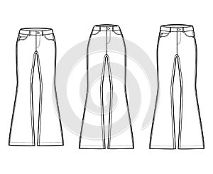 Set of Jeans flared bottom Denim pants technical fashion illustration with full length, normal low waist, rise, 5 pocket