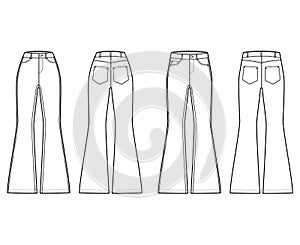 Set of Jeans flared bottom Denim pants technical fashion illustration with full length, normal waist, 5 pockets, Rivet