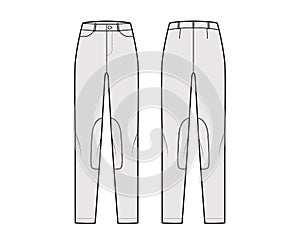 Set of Jeans Kentucky Jodhpurs Denim pants technical fashion illustration with low waist, rise, pockets, full lengths