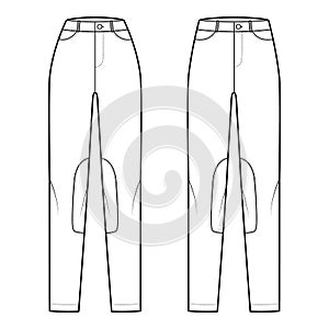 Set of Jeans Kentucky Jodhpurs Denim pants technical fashion illustration with normal low waist, high rise, belt loops