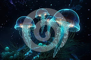 Set of Jellyfish in the Deep Blue Sea