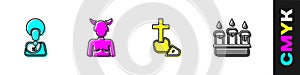 Set Jesus Christ, Krampus, heck, Christian cross and Burning candle in candlestick icon. Vector