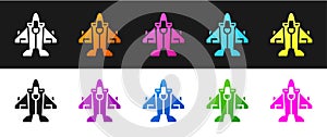 Set Jet fighter icon isolated on black and white background. Military aircraft. Vector