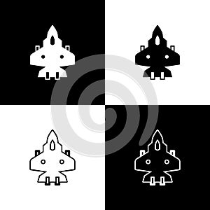 Set Jet fighter icon isolated on black and white background. Military aircraft. Vector