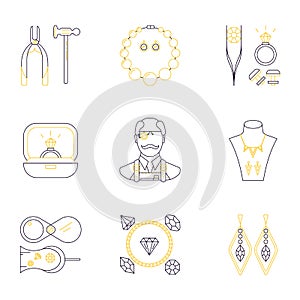 Set of jeweler profession linear icons. Vector concept of jewelry, handmade accessories, luxury items. Modern thin line style.