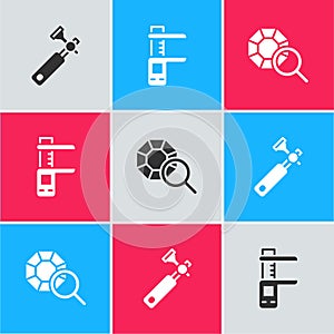 Set Jewelers lupe, Calliper or caliper and scale and Gem stone icon. Vector