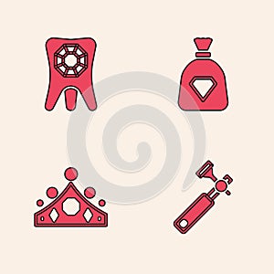 Set Jewelers lupe, Tooth with diamond, Bag gems and King crown icon. Vector