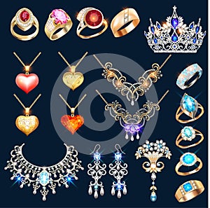 set of jewelry made of gold and silver with precious stones rings, earrings, necklaces, tiaras and pendants with