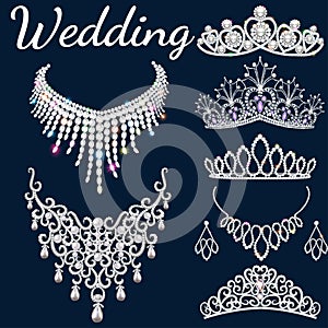 set of jewelry for wedding. Tiaras, necklaces and earrings