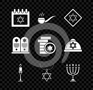 Set Jewish calendar with star of david, Smoking pipe smoke, Star David, Burning candle candlestick, necklace on chain